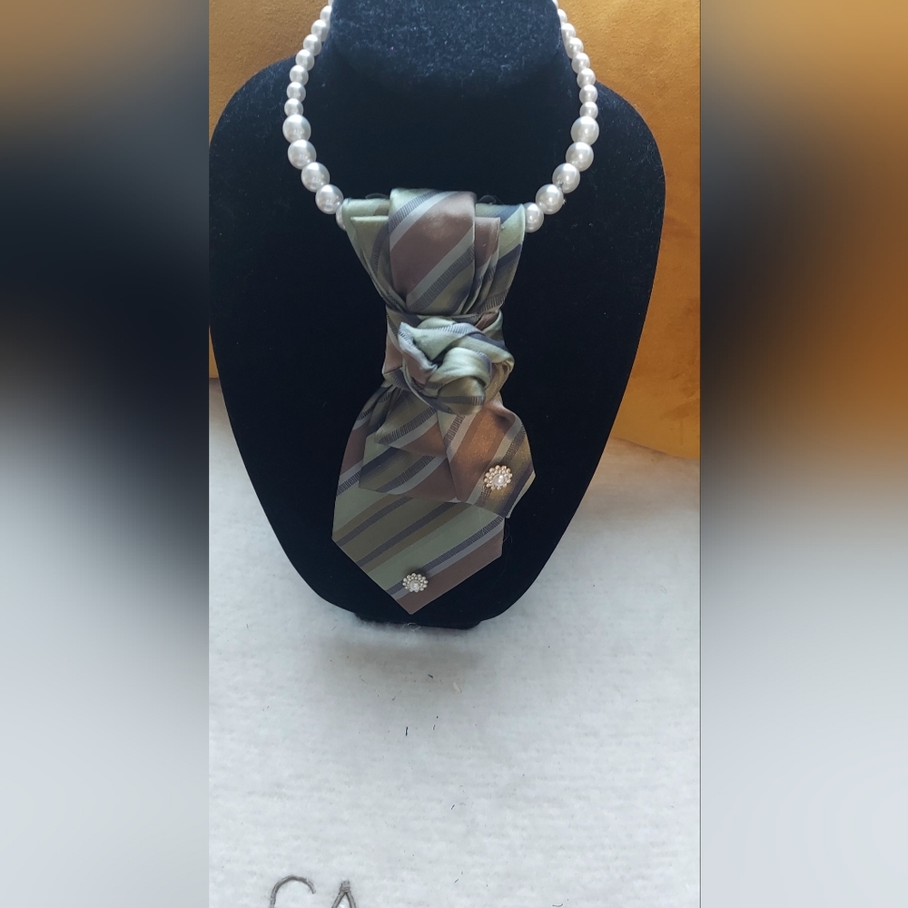 Silk Striped Green Brown Necktie Scarf with Pearl Accent